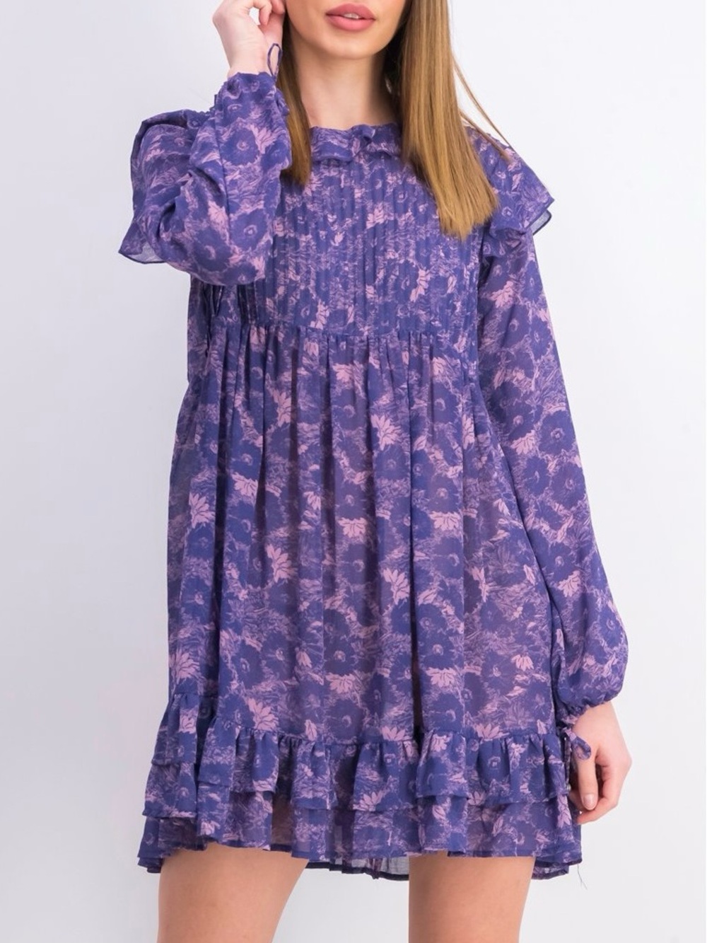 NWOT Free People These Dreams - Floral Ruffled Long Sleeve Purple Mini Dress